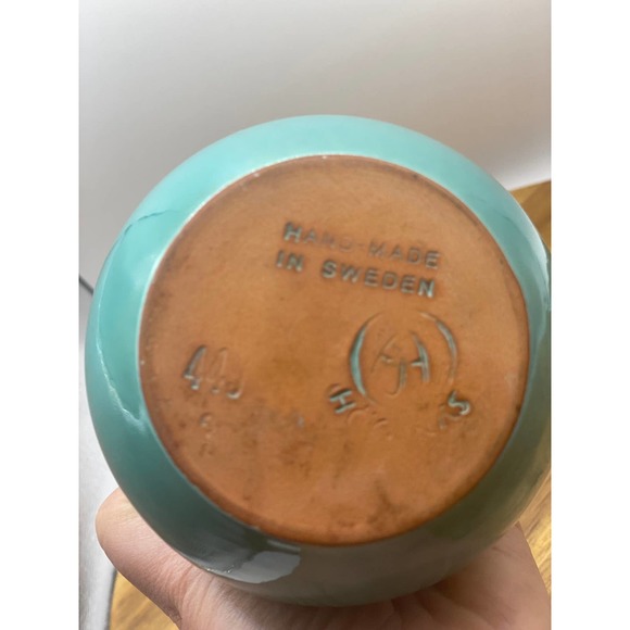 Vintage Stamped Handmade Swedish Teal Glazed Small Clay Pot with Wicker Handle - Picture 9 of 9